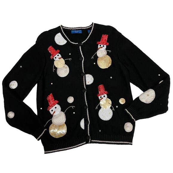 Karen Scott Sport Holiday Snowman Cardigan Sweater - Black - Large Petite - Picture 1 of 11